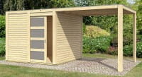 Karibu Flachdach Gartenhaus Qubic mit Anbaudach naturbelassen