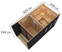 Schwarzes Saunahaus aus 73 mm starken vorgefertigten Wandelementen inkl. schwarze Aluminium Schiebetür , 3 Fenster im Innenraum , mit Massivholzdach, inkl. Boden und massiven Unterlegern.