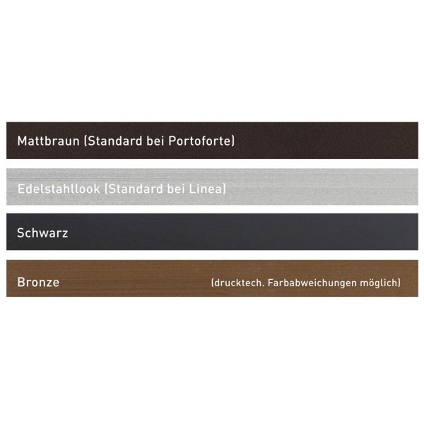 Farben: mattbraun, Edelstahl-Look, schwarz, bronze