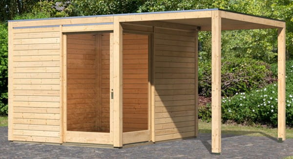 Karibu Flachdach Gartenhaus Qubu Eck mit Anbaudach naturbelassen