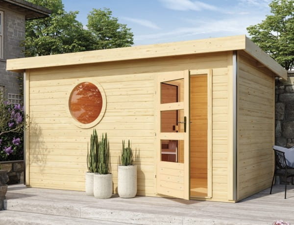 Gartensauna Skrollan 3 Rundfenster naturbelassen