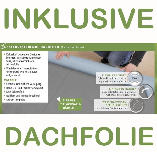 Dach: Flachdachhaus aus Massivholz inkl. selbstklebende Dachbahn