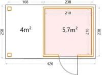 Metall-Gerätehaus Classico 2424 mit 170 cm Seitendach Links Masse