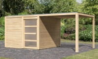 Karibu Flachdach Gartenhaus Qubic 2 mit Anbaudach naturbelassen