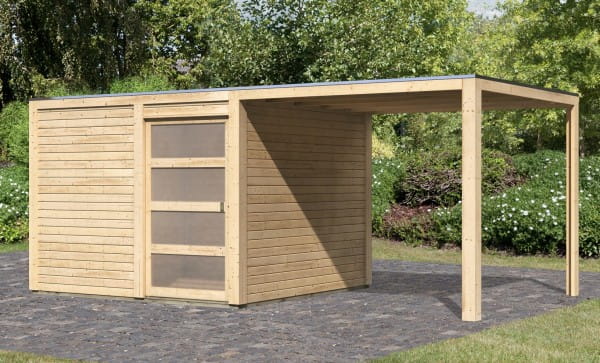 Karibu Flachdach Gartenhaus Qubic 2 mit Anbaudach naturbelassen