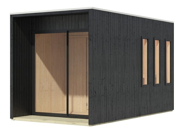 Schwarzes Saunahaus aus 73 mm starken vorgefertigten Wandelementen inkl. schwarze Aluminium Schiebetür , 3 Fenster im Innenraum , mit Massivholzdach, inkl. Boden und massiven Unterlegern.