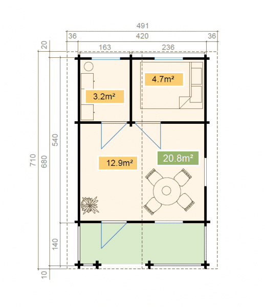 Gartenhaus Elba 70 mm Grundriss