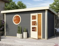 Die elegante Karibu Gartensauna Skrollan 3 mit Rundfenster