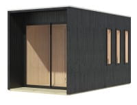 Schwarzes Saunahaus aus 73 mm starken vorgefertigten Wandelementen inkl. schwarze Aluminium Schiebetür , 3 Fenster im Innenraum , mit Massivholzdach, inkl. Boden und massiven Unterlegern.