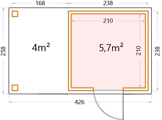 Metall-Gerätehaus Classico 2424 mit 170 cm Seitendach Links Masse